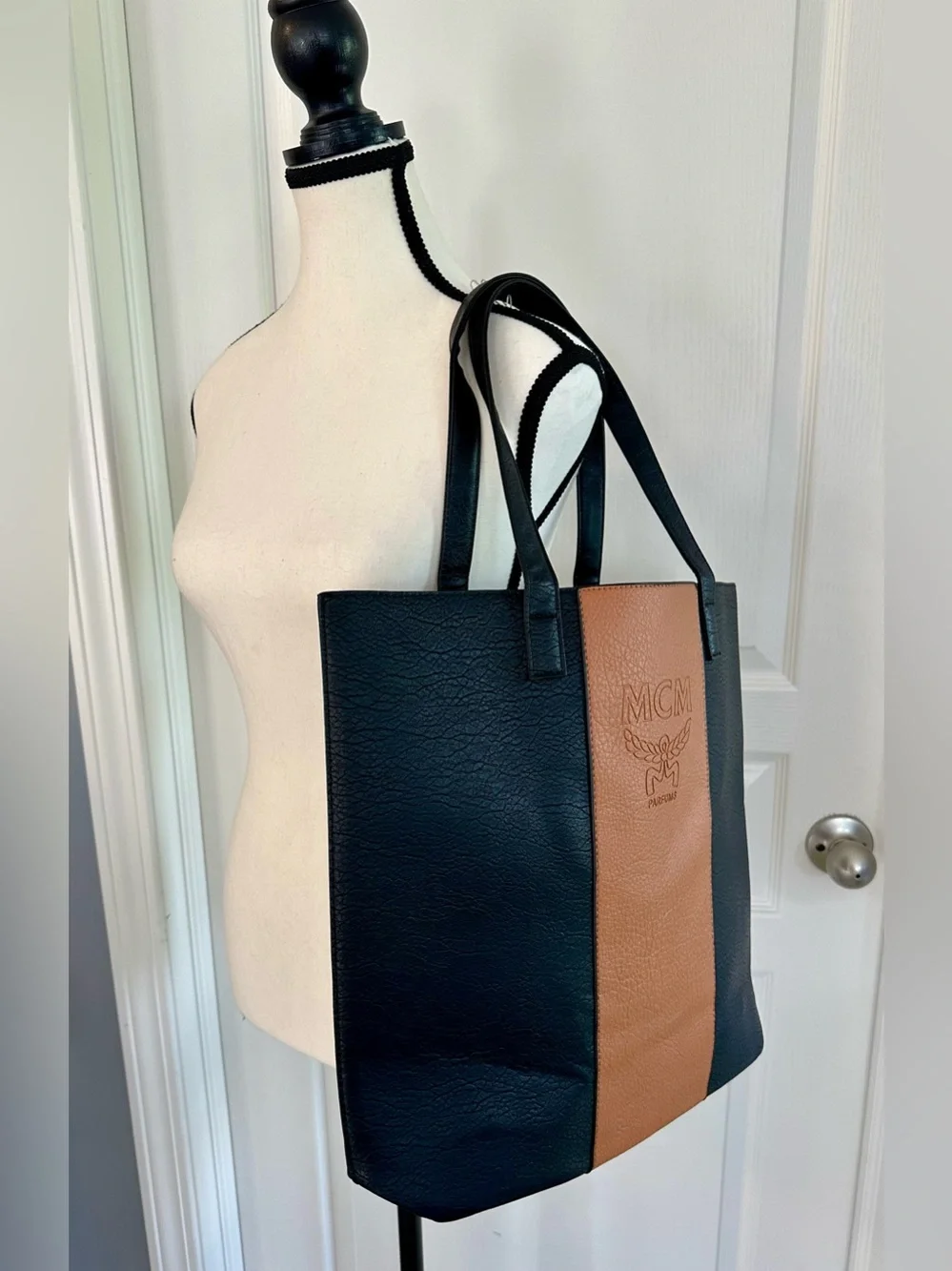 MCM Parfums Embossed Faux Leather Tote Bag – Black & Cognac – NWOT – Large